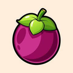 Cartoon Illustration of a Mangosteen Fruit with Vibrant Purple Skin and Green Leaves