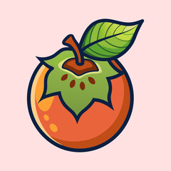 A Vibrant Illustration of a Freshly Picked Persimmon Fruit with a Green Leaf