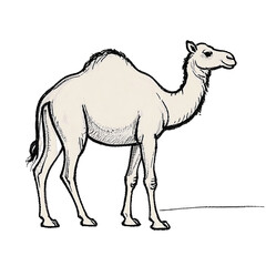 Fototapeta premium Minimalist camel illustration, side view, single hump, fine black outline, beige body, isolated on white background. PNG transparent, 