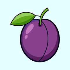 A Vibrant Cartoon Illustration of a Single Ripe Plum with a Green Leaf