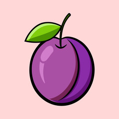A Vibrant Illustration of a Single Ripe Purple Plum with a Green Leaf