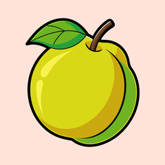 A vibrant illustration of a ripe quince fruit with a single leaf attached to its stem, against a soft pink background