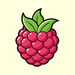 A Delightful Cartoon Illustration of a Single Raspberry with Vibrant Green Leaves