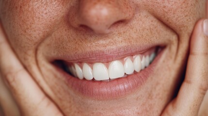 Close up of a woman is face, fingers resting on her cheeks, smiling widely, showing off her bright white teeth, cropped shot.