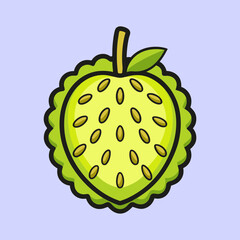 A vibrant illustration of a cherimoya fruit cut in half showcasing its creamy yellowish flesh and numerous small black seeds surrounded by a textured green rind against a light purple background