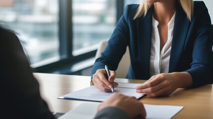 Two businesswomen in a formal office setting, discussing a document with a pen.