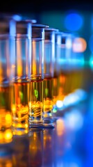 Rows of amber liquid filled glasses