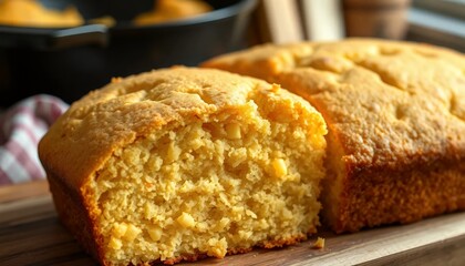 Sliced Golden Cornbread Loaf Displayed on Wooden Cutting Board in Rustic Setting
