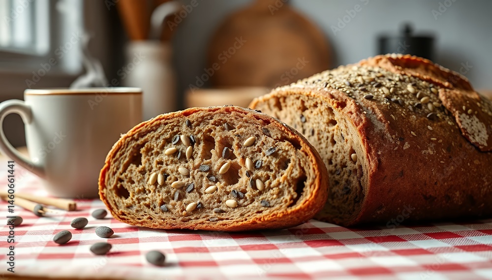 Poster sliced vollkornbrot next to steaming mug on red checkered tablecloth displaying dark whole grain bre