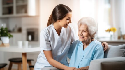 Fototapeta premium A young woman in a white uniform is sitting on a couch with an elderly woman in a blue shirt, both smiling and looking at each other in a cozy living room
