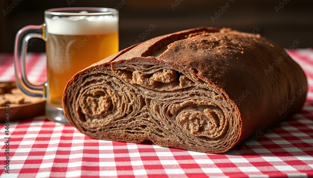 Aufkleber sumava bread with unfiltered beer in rustic setting detailed close up of bohemian rye bread from cze
