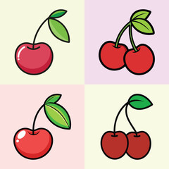A Collection of Cute Cartoon Cherries with Green Leaves in Various Arrangements