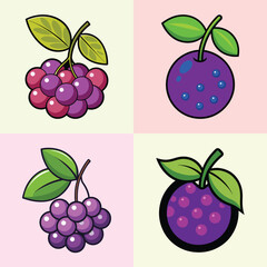 Collection of Cute Cartoon Fruits Purple Berries and Grapes