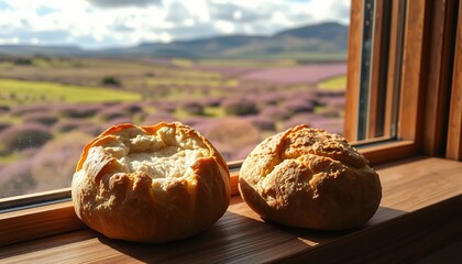 Two Crusty Bread Rolls on a Wooden Windowsill with Lavender Field and Rolling Hills in Warm Sunlight