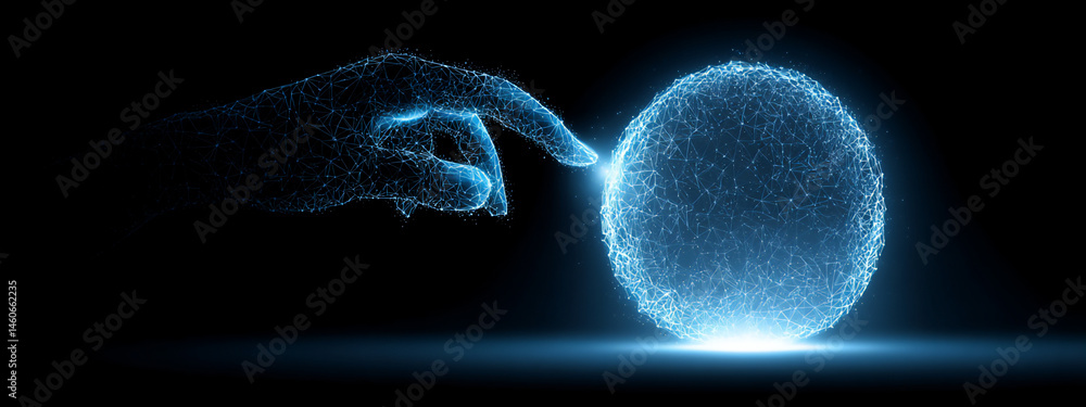 Poster a digital wireframe illustration of a glowing blue hand interacting with a luminous sphere in a virt