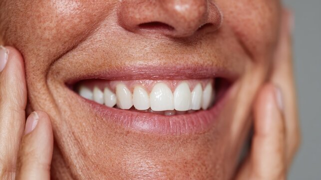 Close-up of woman is face with fingers resting on her cheeks, wide smile revealing bright white teeth, cropped to highlight the expression.