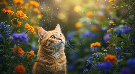 Ginger cat in garden flowers