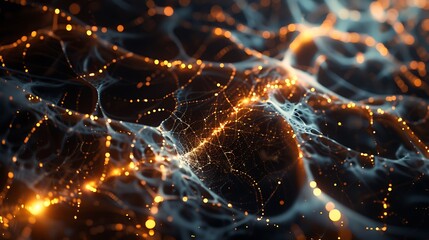Neural network visualized as a complex web of glowing synapses.