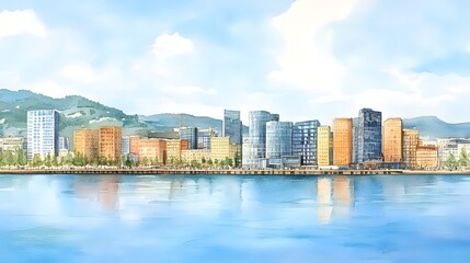 Watercolor cityscape reflecting on calm water.