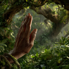a photograph of a medium-toned hand making the sign for tree in american sign language, with a lush green forest as the blurred background.