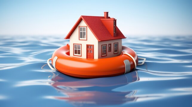 A small, white, and red house floating on an orange lifebuoy in the ocean, with a clear blue sky in the background. - Powered by Adobe