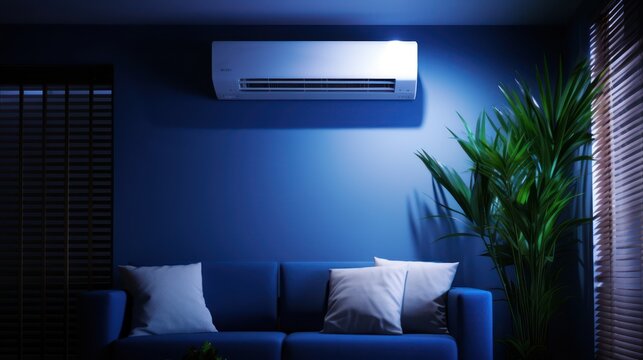 A modern, sleek white wall-mounted air conditioner installed in a dark blue room with a green plant and a blue sofa in the foreground.