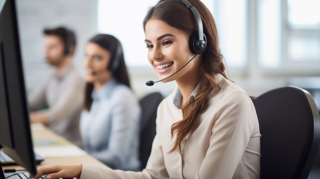 A smiling customer service representative wearing a headset, working at a desk with a computer in a modern office environment. - Powered by Adobe
