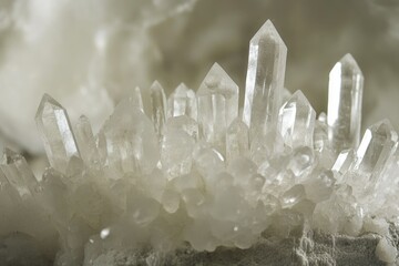 A cluster of translucent quartz crystals, sharply pointed, displays intricate formations on a rough, light gray base.