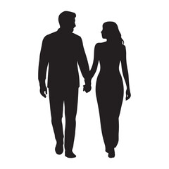 a man and a woman walking hand in hand. The man is on the left side of the image and the woman is in the center. Vector Black silhouettes. with white background