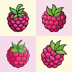 A Collection of Four Delightful Raspberry Illustrations Featuring Vibrant Colors and Detailed Designs