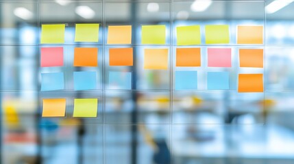 Sticky notes on glass wall in office