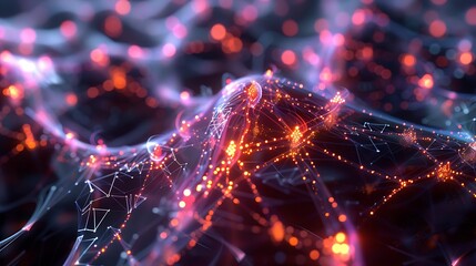 Quantum neural network with glowing quantum bits and entangled states.