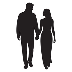 a man and a woman walking hand in hand. The man is on the left side of the image and the woman is in the center. Vector Black silhouettes. with white background