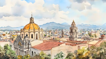 Obraz premium Watercolor cityscape panorama of historical buildings.