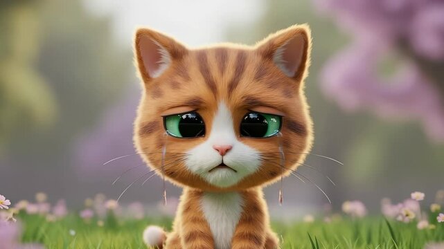 Adorable animated kitten with big eyes crying and tears streaming down its cheeks. 3D Animation. 
