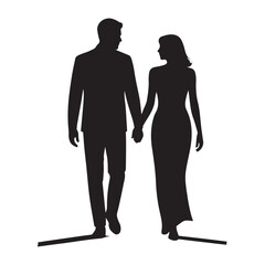 a man and a woman walking hand in hand. The man is on the left side of the image and the woman is in the center. Vector Black silhouettes. with white background