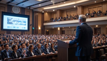 Speaker at Podium Addresses Audience at Conference