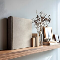 Sandstone-Textured Photo Album on Teakwood Shelf, Ready to Store Precious Memories with Rustic Charm