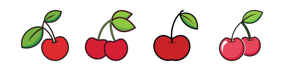 Colorful Cartoon Cherry Icons with Stems and Leaves in a Row