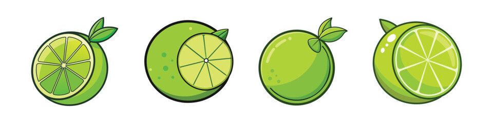 Four vibrant cartoon illustrations showcasing various lime fruit compositions and angles