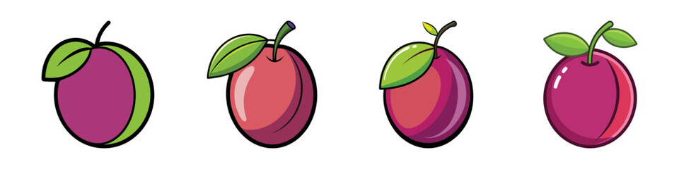 Four cartoon plums with leaves in different artistic styles and colors
