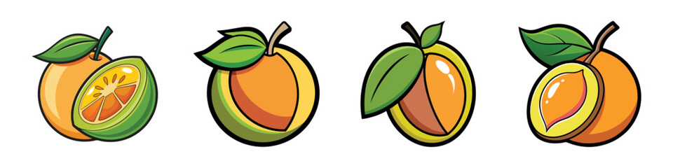 Vibrant and Fresh Orange Segments with Leaves and Bold Outlines Illustration