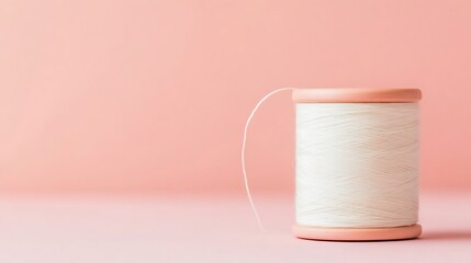 Minimalist spool of white thread on a soft pink backdrop studio setup