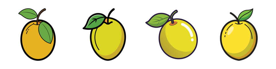 Four distinct and colorful cartoon plums with leaves isolated on white background