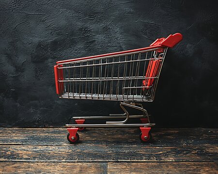 Red shopping cart on dark wood - Powered by Adobe