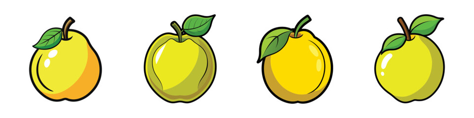 Four Fresh Yellow Apples with Leaves on a Clean White Background