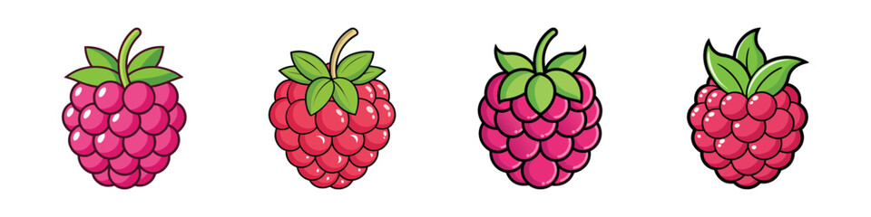 Four cartoon style raspberries with different shades and styles isolated on white