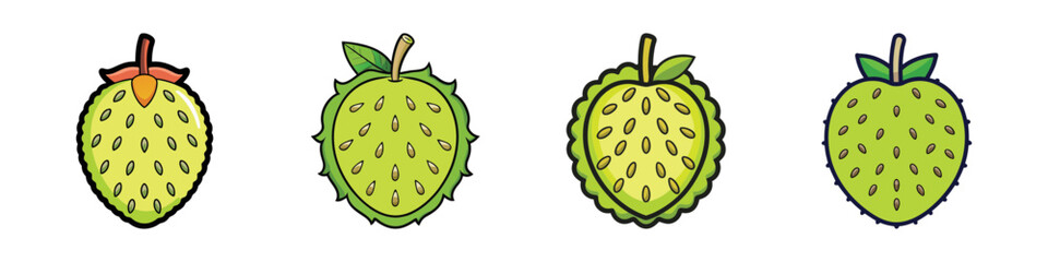 Four Stylized Illustrations of Soursop Fruits with Different Designs and Colors