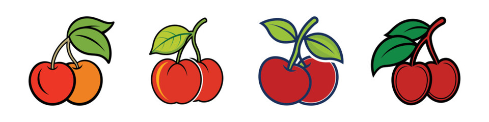 Illustrations of Bright Red Cherries with Green Leaves on a White Background