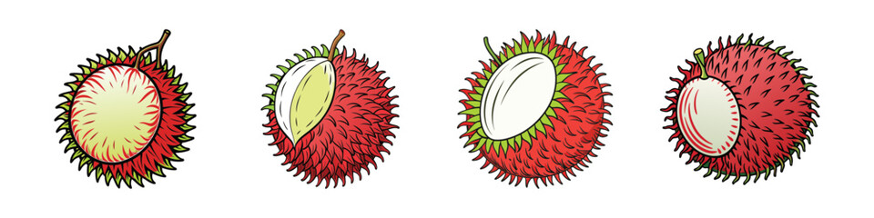 Four cartoon style rambutan fruits, peeled and unpeeled, on white background